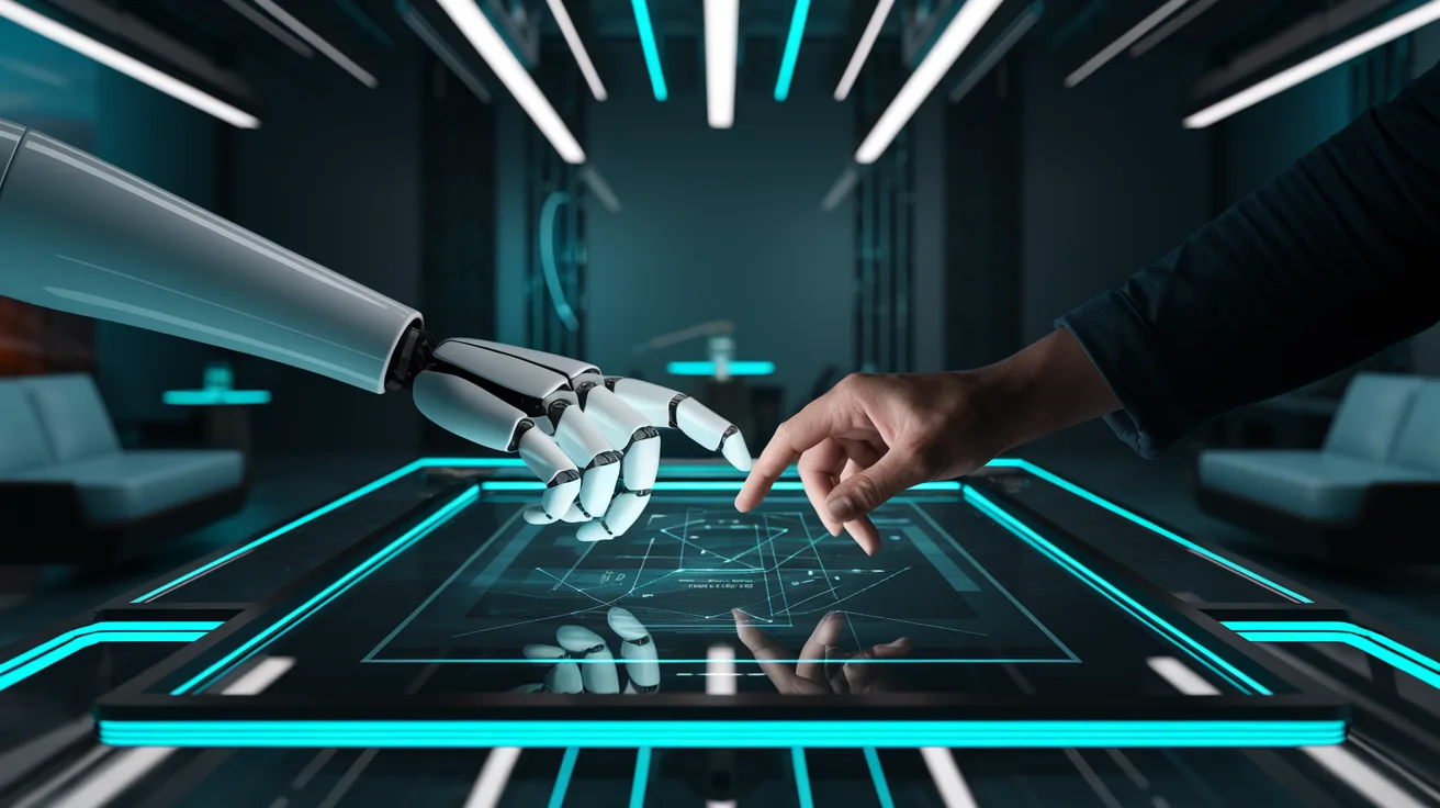 Robotic and human hands collaborating on a digital marketing plan
