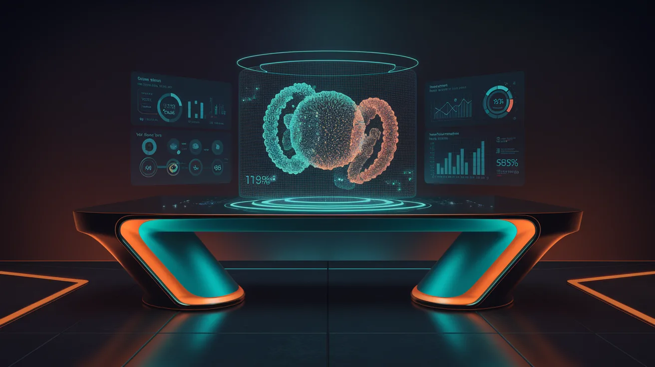 Futuristic AI marketing dashboard with holographic display